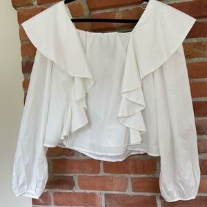 NWT En Saison Square Neck Poplin Ruffle Peasant Blouse | M